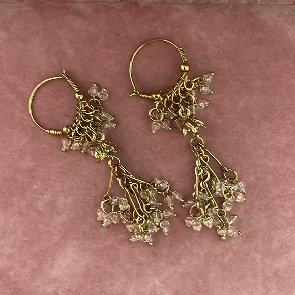 Dangle Earrings - Boho Vintage Gold Toned w/Clear Beads - 3" - Picture 6 of 15